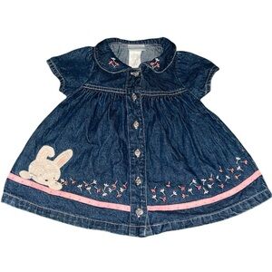 Vintage Carter’s Baby Denim Bunny Dress Pink Trim Embroidered Floral 0–3M
